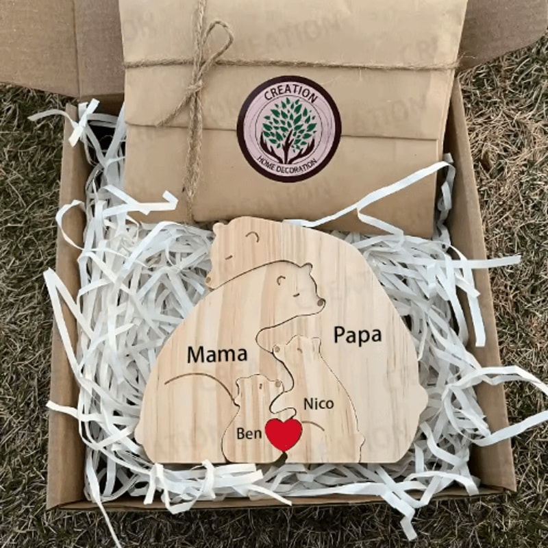 Custom Family Bear Puzzle Ornament Personalized Family Name Bear Decor With Engraving 7