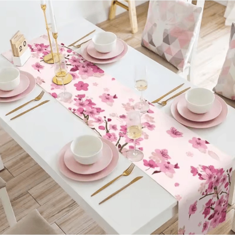 Cherry Blossom Linen Table Runner Elegant Cherry Blossom Table Runner For Spring Wedding Decor 0