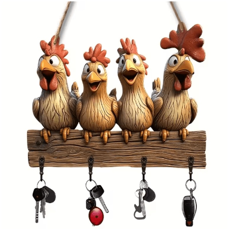 Farmhouse Hen Wooden Key Holder Wall Mount With Rustic Hooks 1