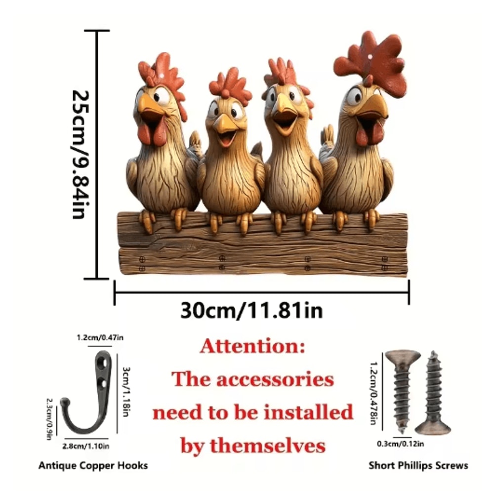 Farmhouse Hen Wooden Key Holder Wall Mount With Rustic Hooks 2