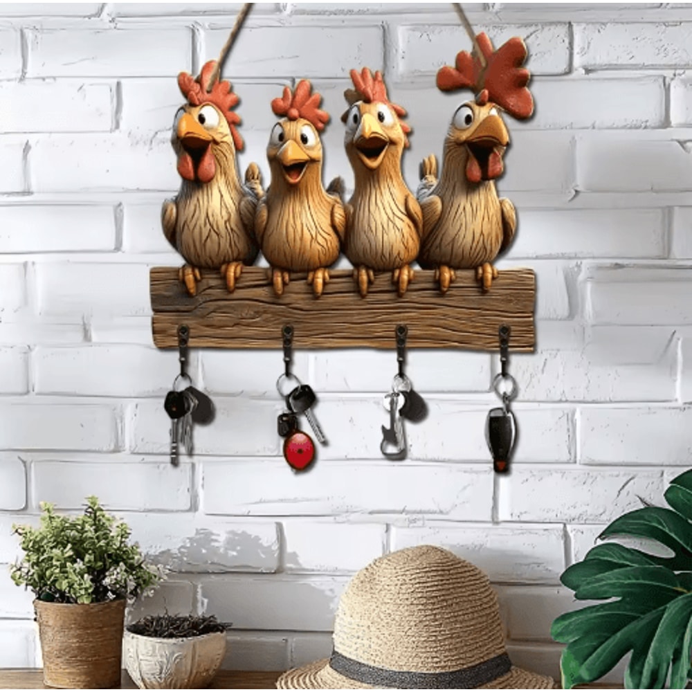 Farmhouse Hen Wooden Key Holder Wall Mount With Rustic Hooks 4
