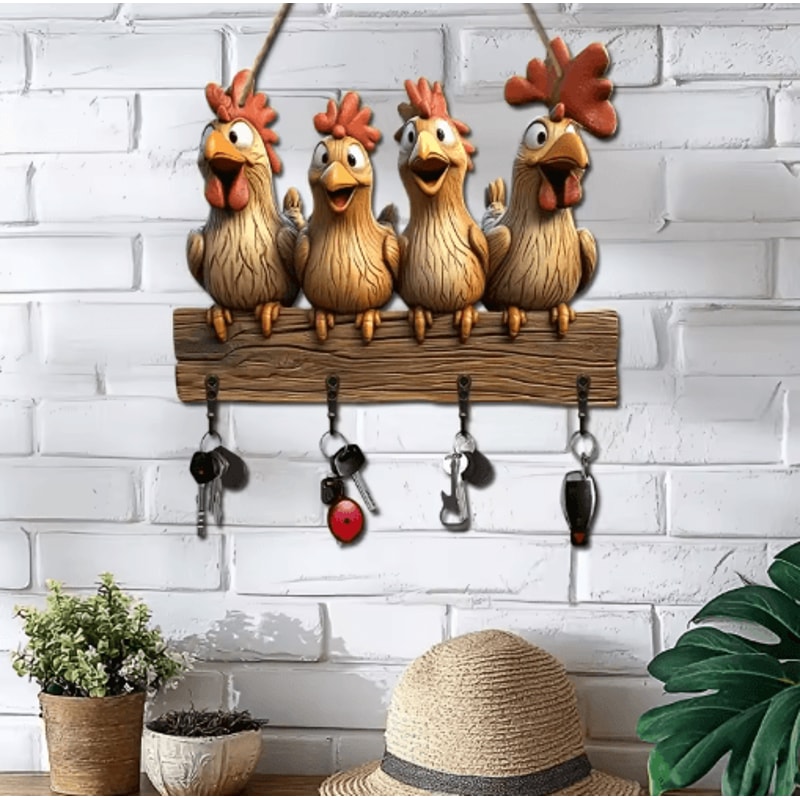 Farmhouse Hen Wooden Key Holder Wall Mount With Rustic Hooks 4