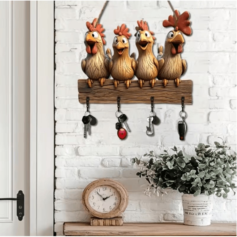 Farmhouse Hen Wooden Key Holder Wall Mount With Rustic Hooks 0
