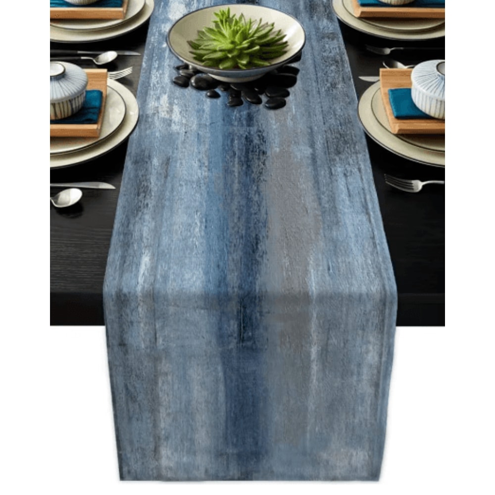 VIKAMA Linen Table Runner Farmhouse Retro Tie Dye Rustic Dining Decor 0