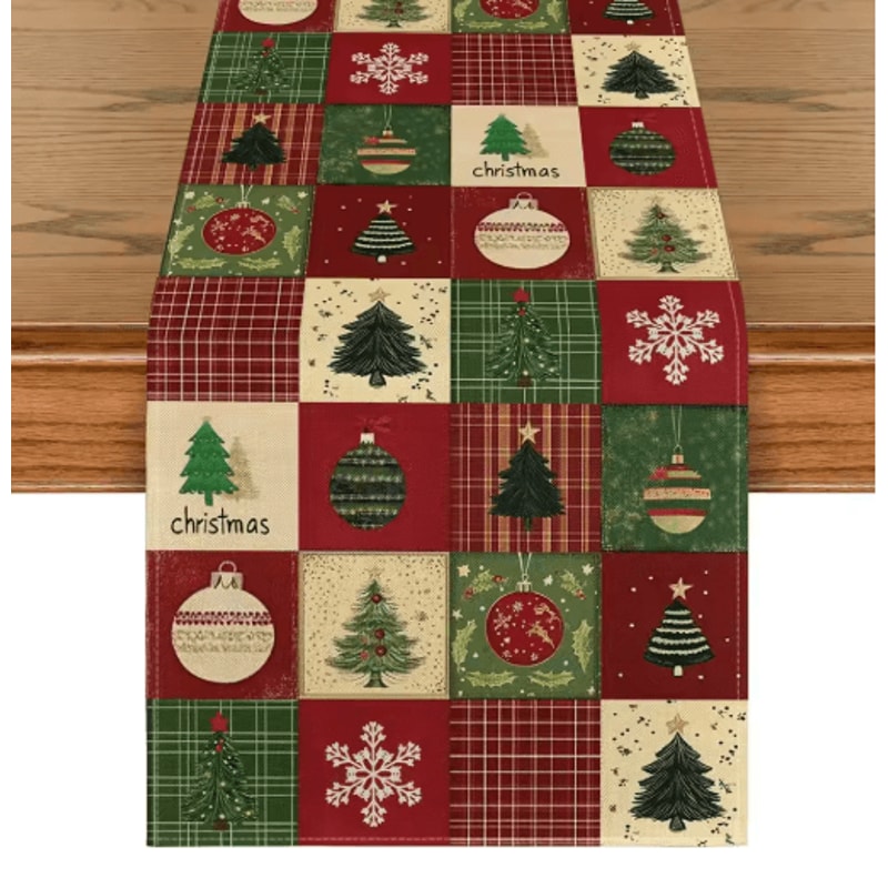 Festive Christmas Table Runner Linen Plaid Snowflake Holiday Dining Decor 1