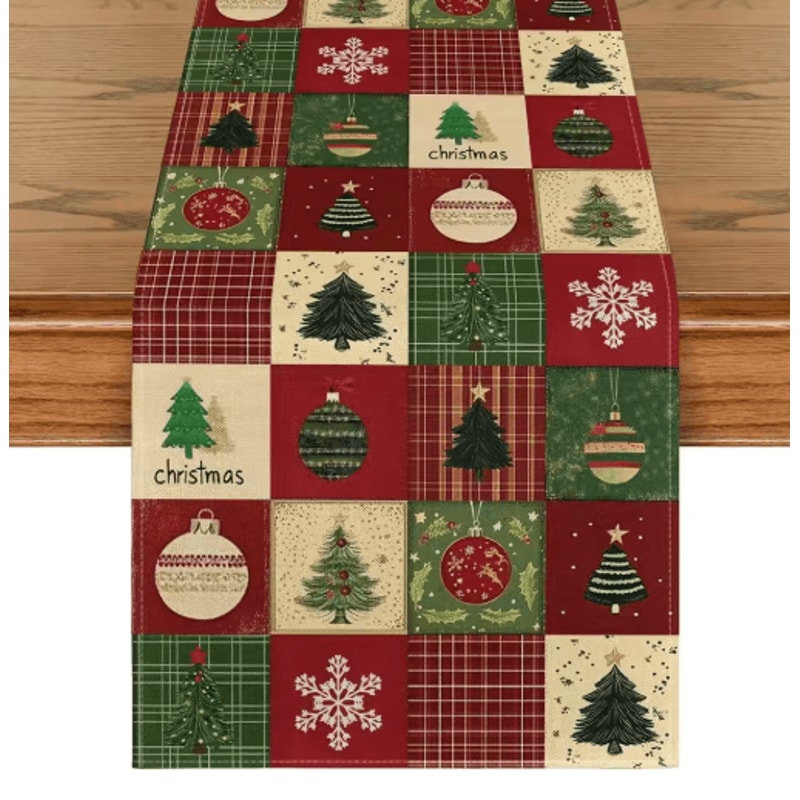 Festive Christmas Table Runner Linen Plaid Snowflake Holiday Dining Decor 0