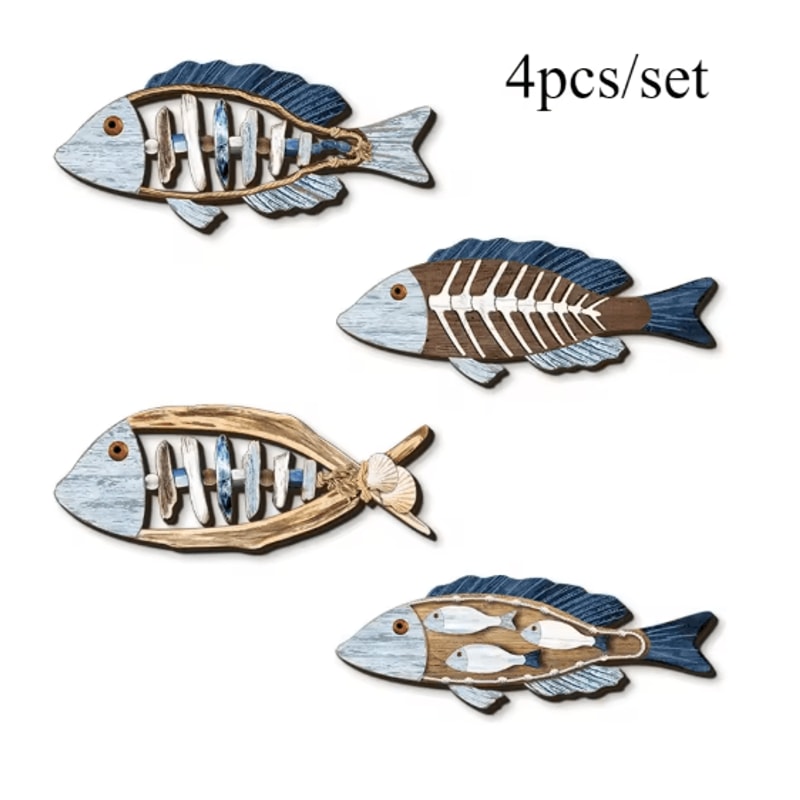 4Piece Wooden Fish Wall Decor Coastal Ocean Wall Art Set 1