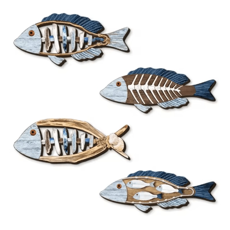 4Piece Wooden Fish Wall Decor Coastal Ocean Wall Art Set 2