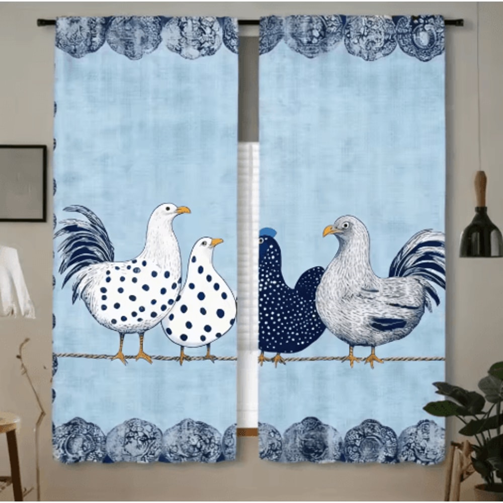 2Piece Cafe Curtains Kitchen Window Retro Polka Dot Chicken Print Panels 1