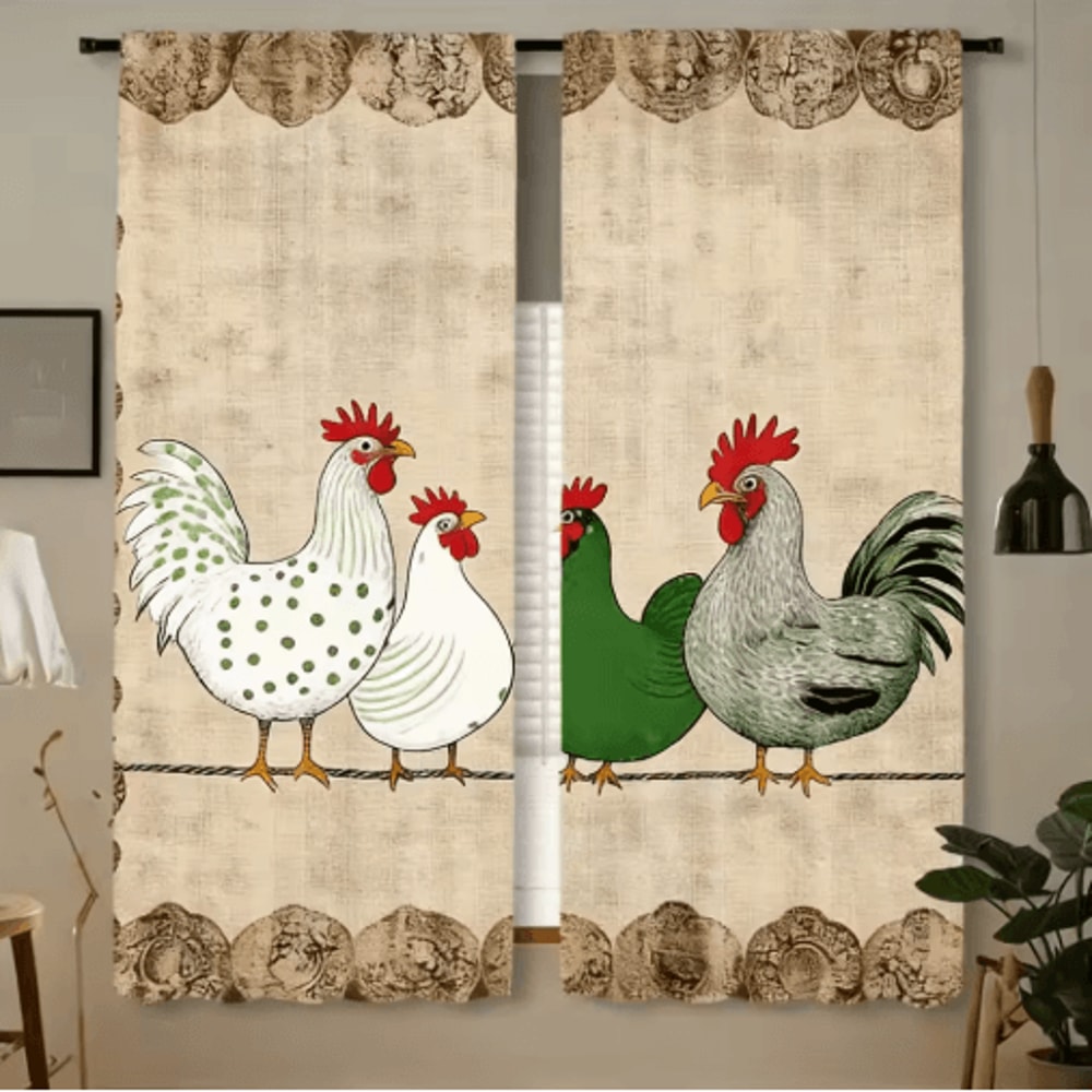 2Piece Cafe Curtains Kitchen Window Retro Polka Dot Chicken Print Panels 4
