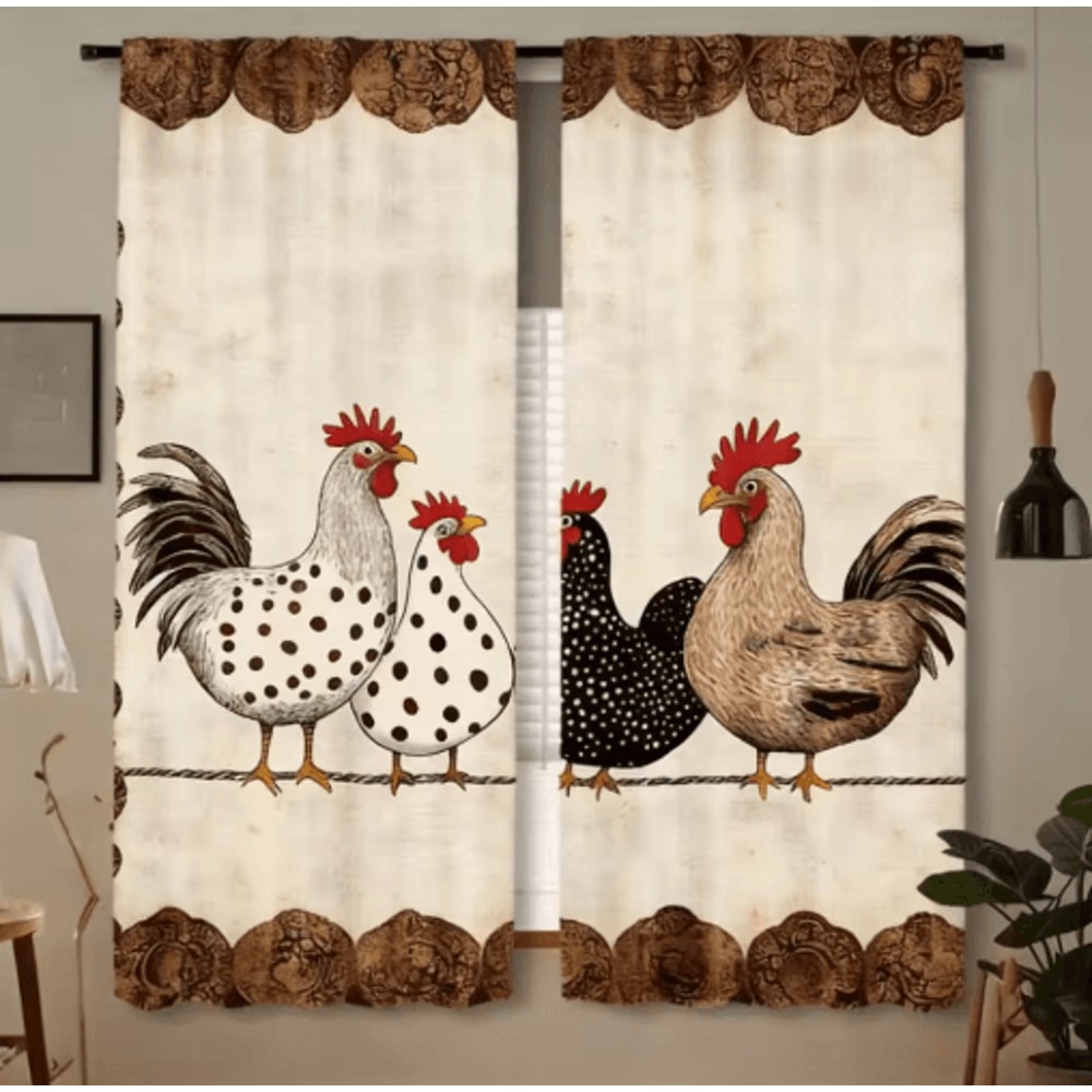 2Piece Cafe Curtains Kitchen Window Retro Polka Dot Chicken Print Panels 5