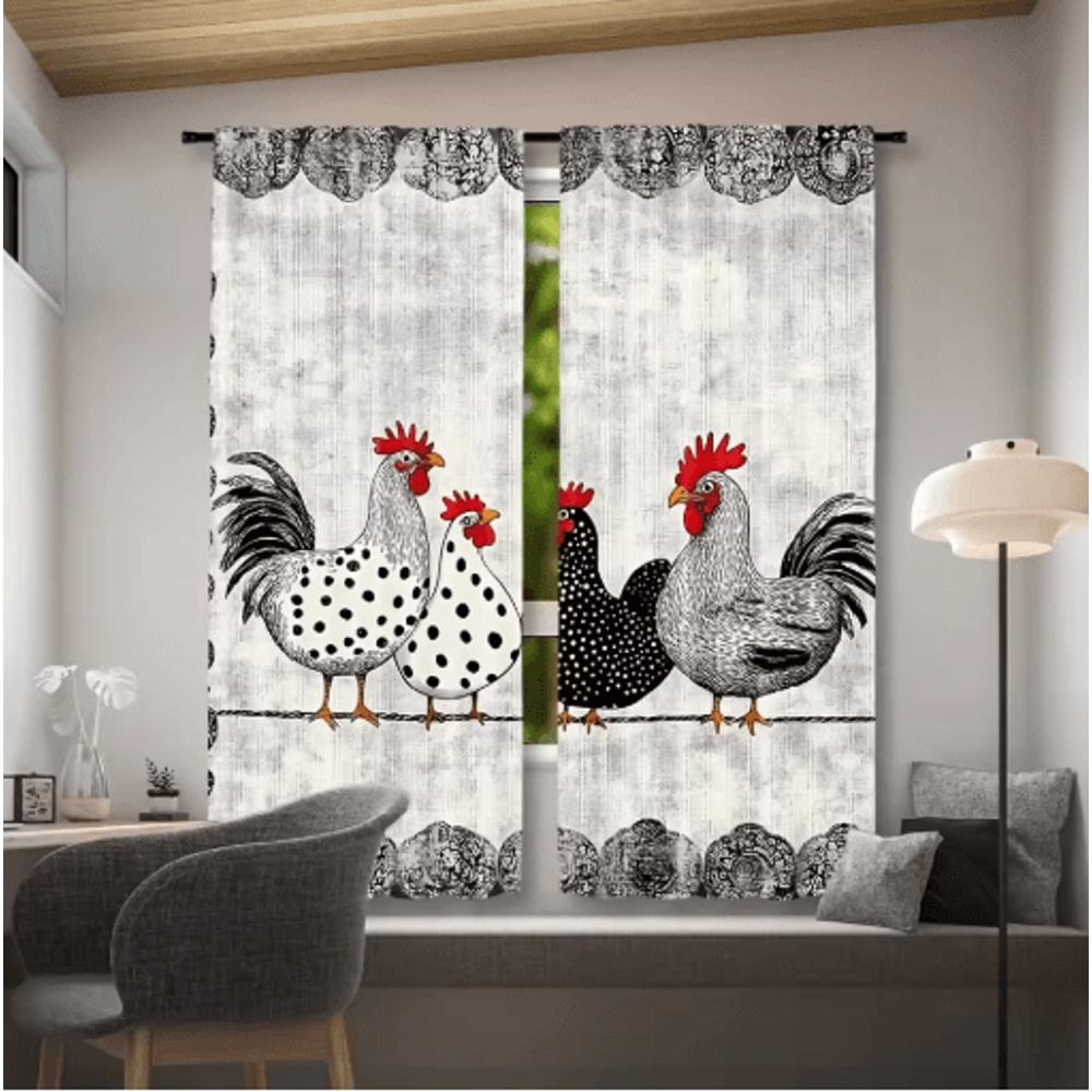 2Piece Cafe Curtains Kitchen Window Retro Polka Dot Chicken Print Panels 9