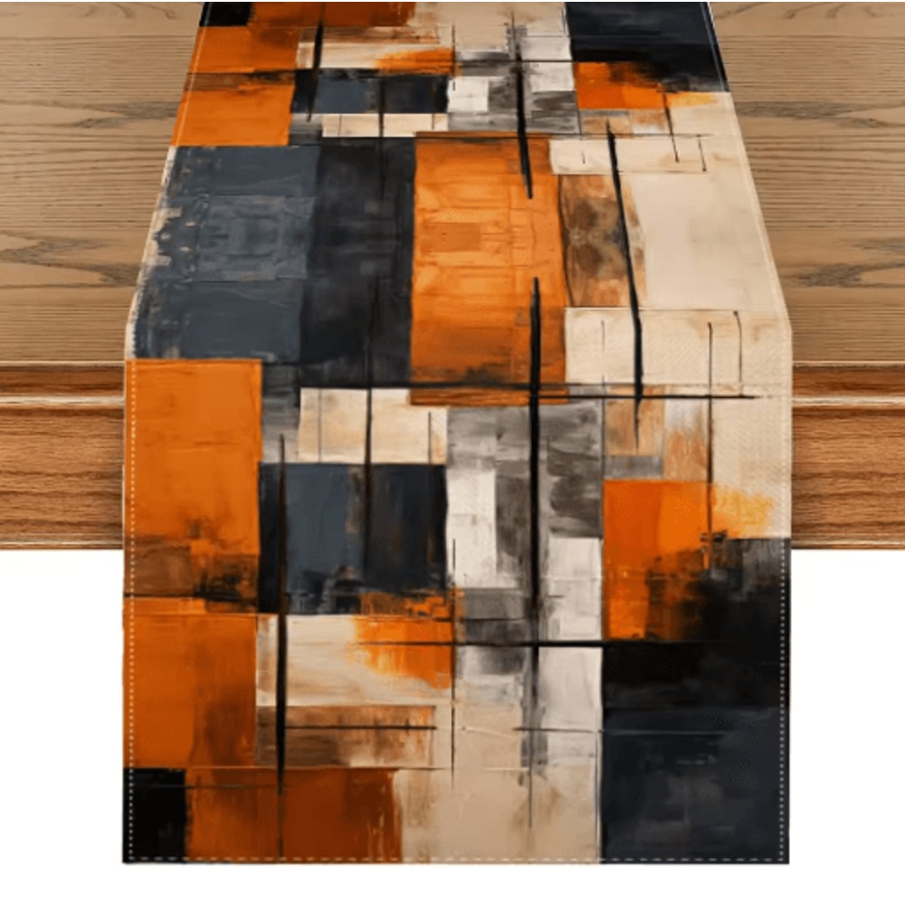 Abstract Linen Table Runner Decor Watercolor Orange Black Holiday Accent 0