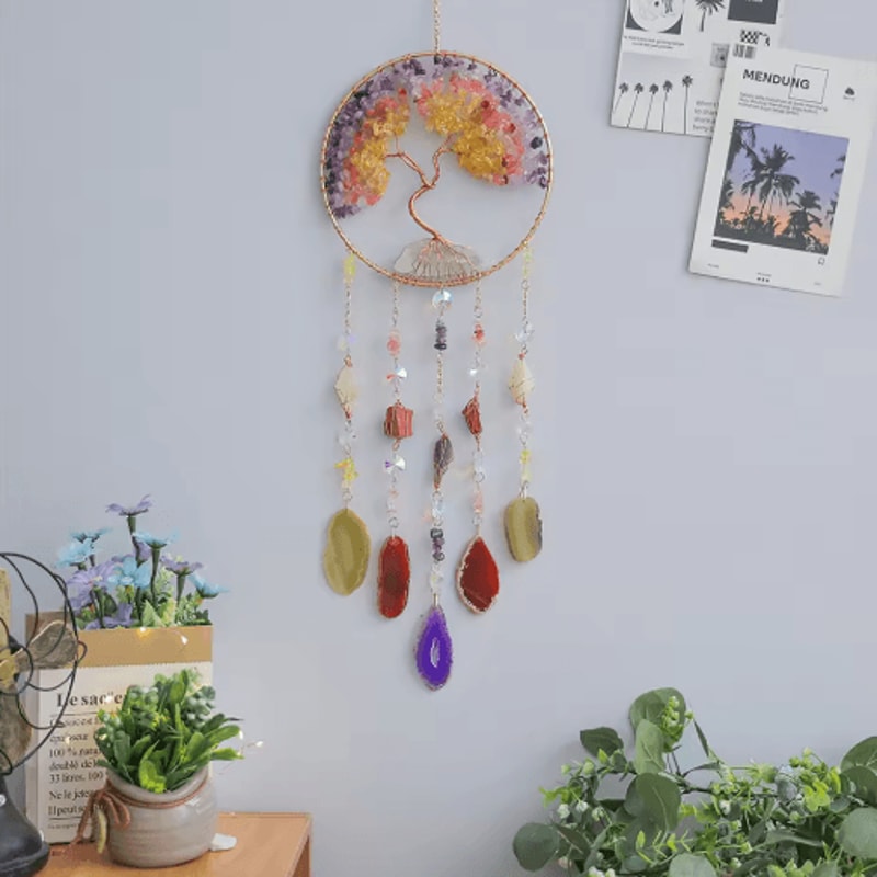 Natural Agate Dream Catcher Wall Hanging Crystal Moon Star Sun Boho Bedroom Decor 4