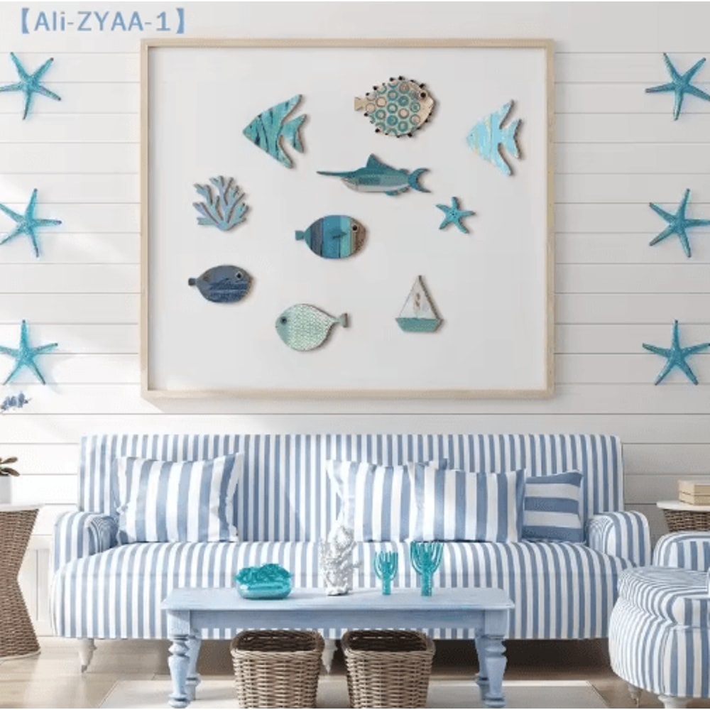 10PCS Wooden Fish Wall Decor Set Nautical Coastal Art For Beach Bathroom Home 3
