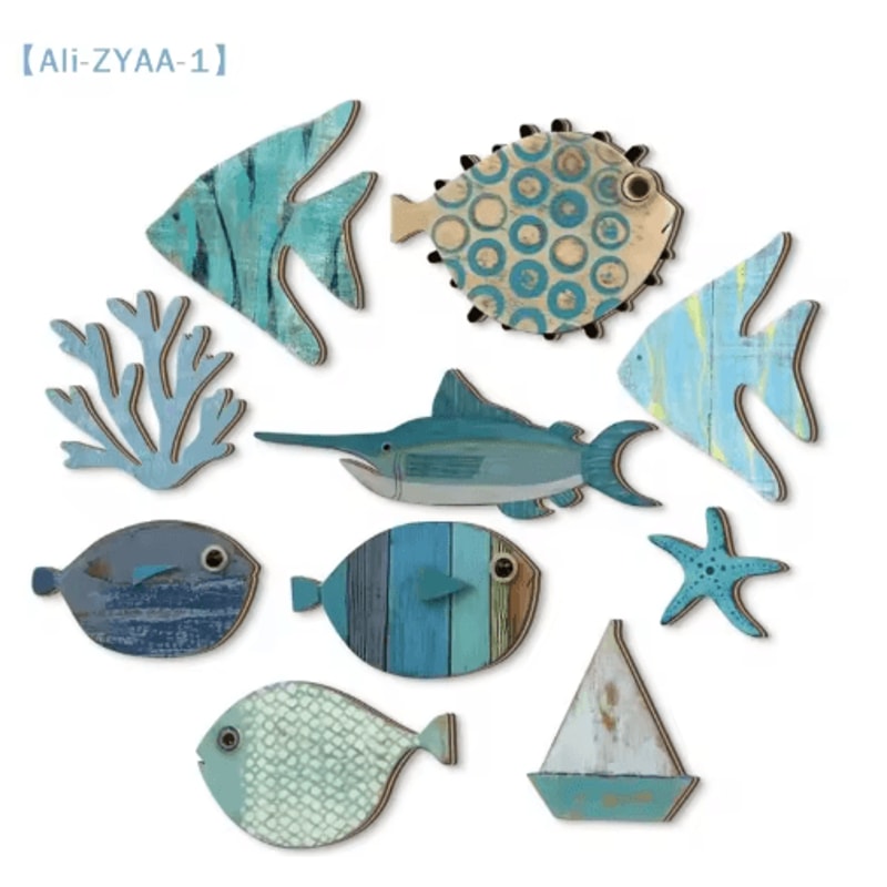10PCS Wooden Fish Wall Decor Set Nautical Coastal Art For Beach Bathroom Home 4