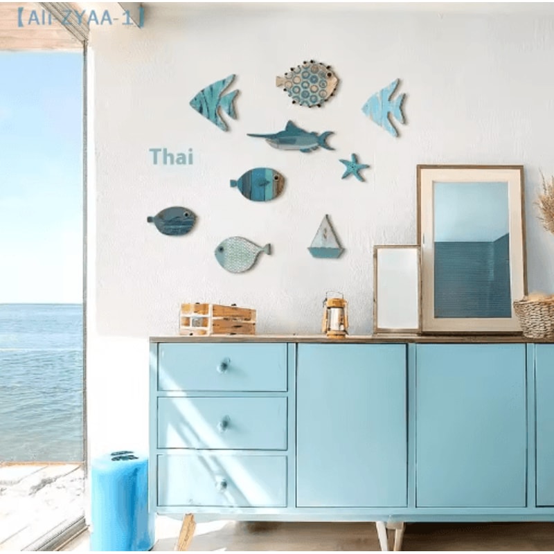 10PCS Wooden Fish Wall Decor Set Nautical Coastal Art For Beach Bathroom Home 5