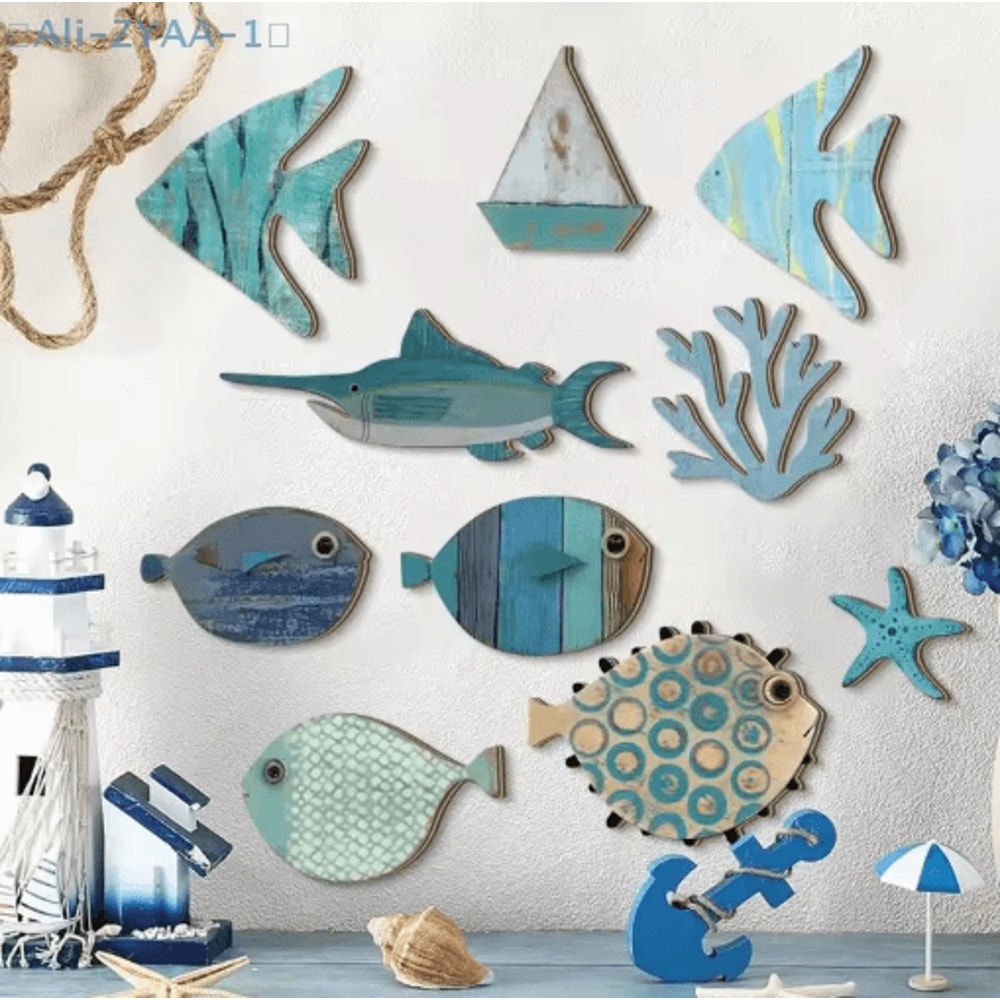 10PCS Wooden Fish Wall Decor Set Nautical Coastal Art For Beach Bathroom Home 0