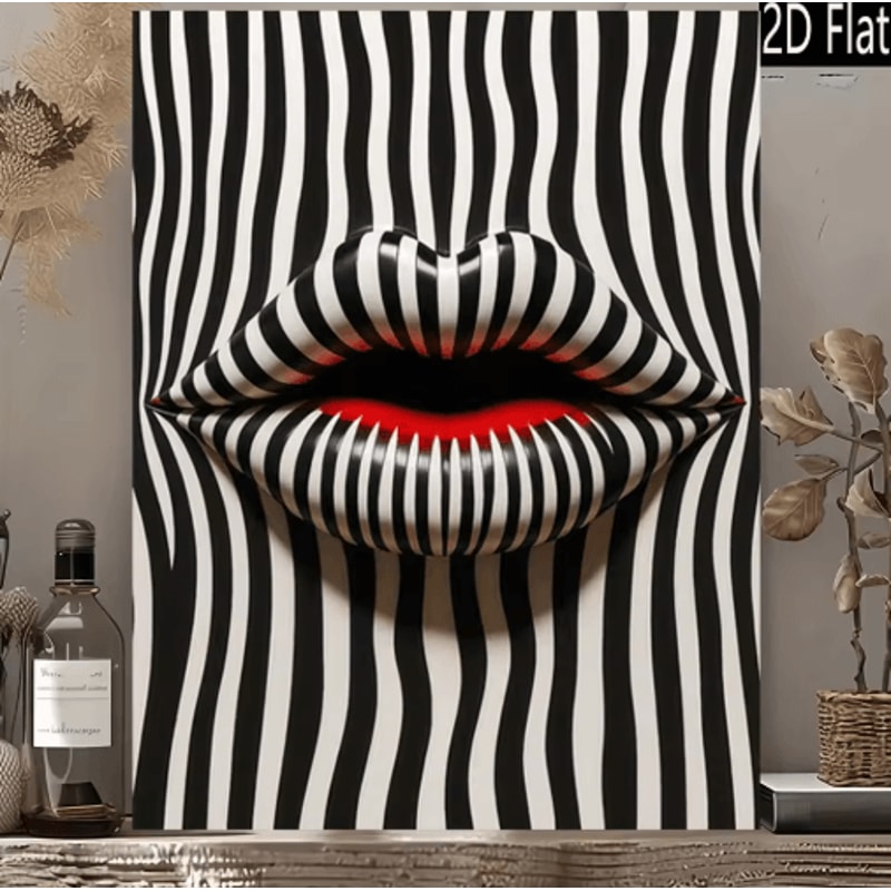 Abstract Striped Lip Art Print Black White Modern Canvas Wall Decor 2