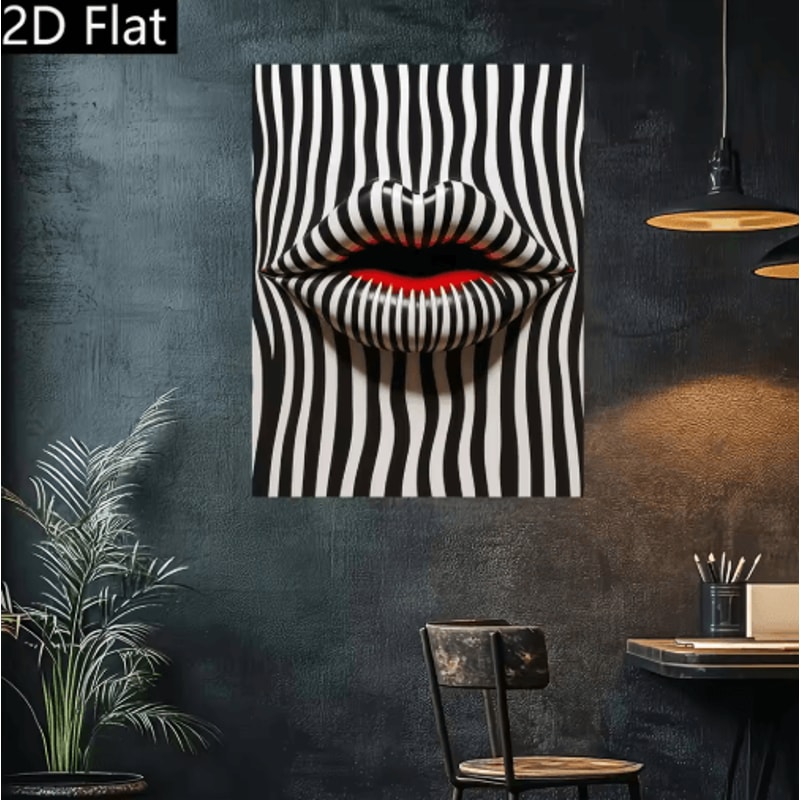Abstract Striped Lip Art Print Black White Modern Canvas Wall Decor 0
