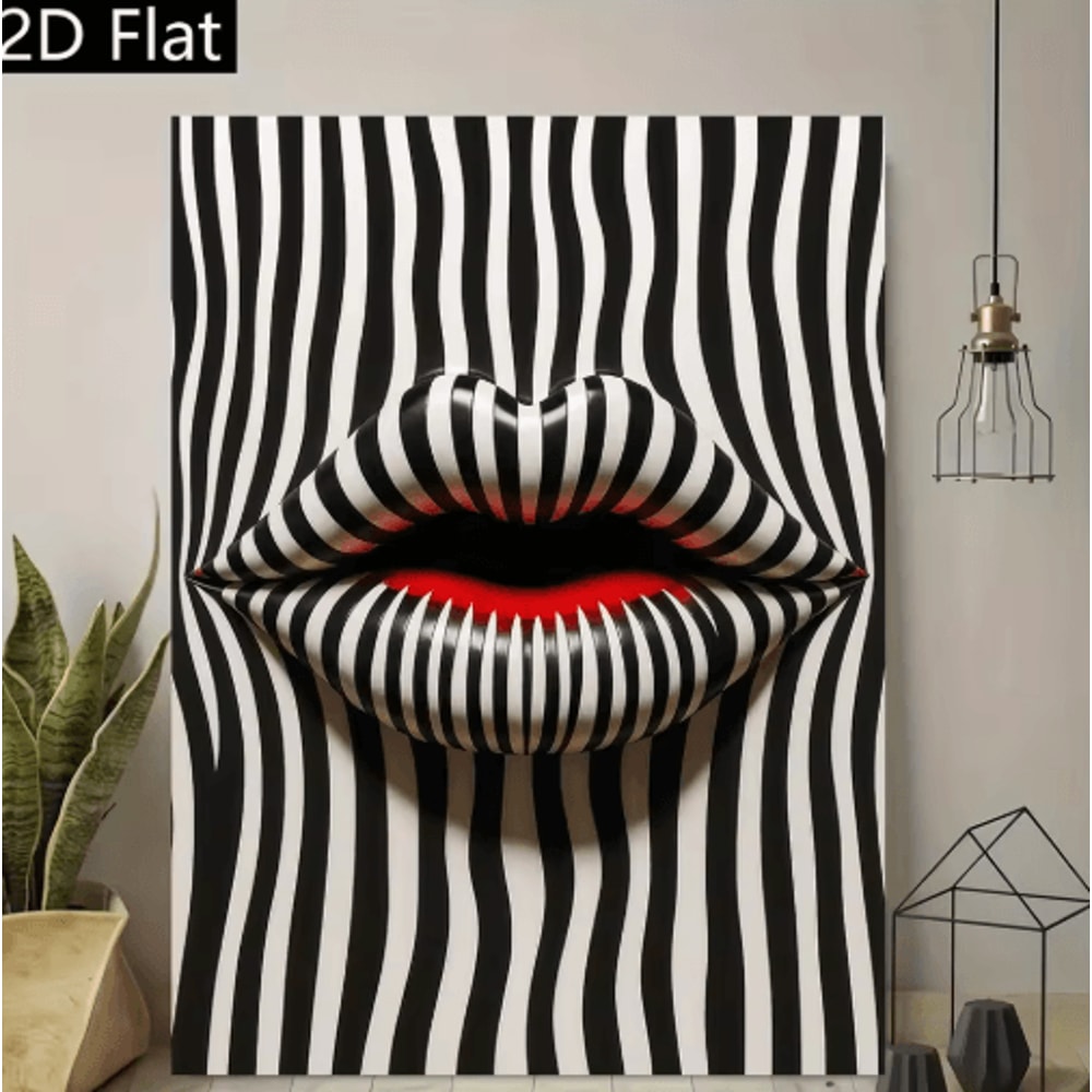 Abstract Striped Lip Art Print Black White Modern Canvas Wall Decor 3