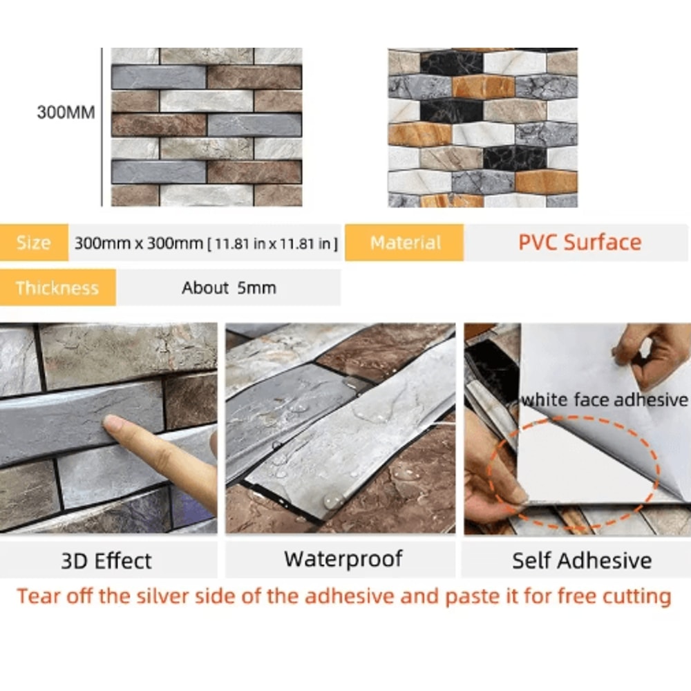 3D Brick Wall Stickers Set Waterproof Peel Stick Wallpaper For Home Decor 15PCS 0
