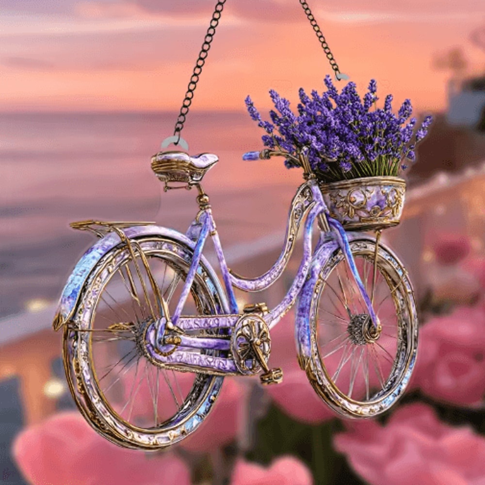 Lavender Bicycle Suncatcher Floral Light Catcher Hanging Decor For Home Garden 7