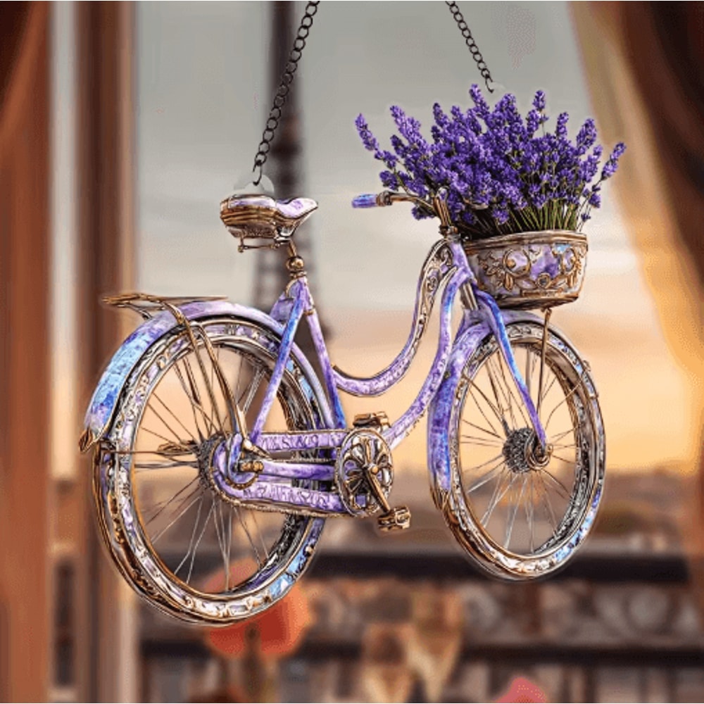 Lavender Bicycle Suncatcher Floral Light Catcher Hanging Decor For Home Garden 0
