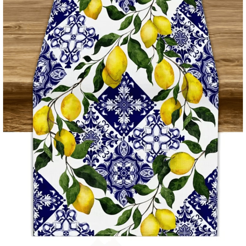 Blue Tile Lemon Table Runner Floral Linen Decor For Summer Dining Parties 1