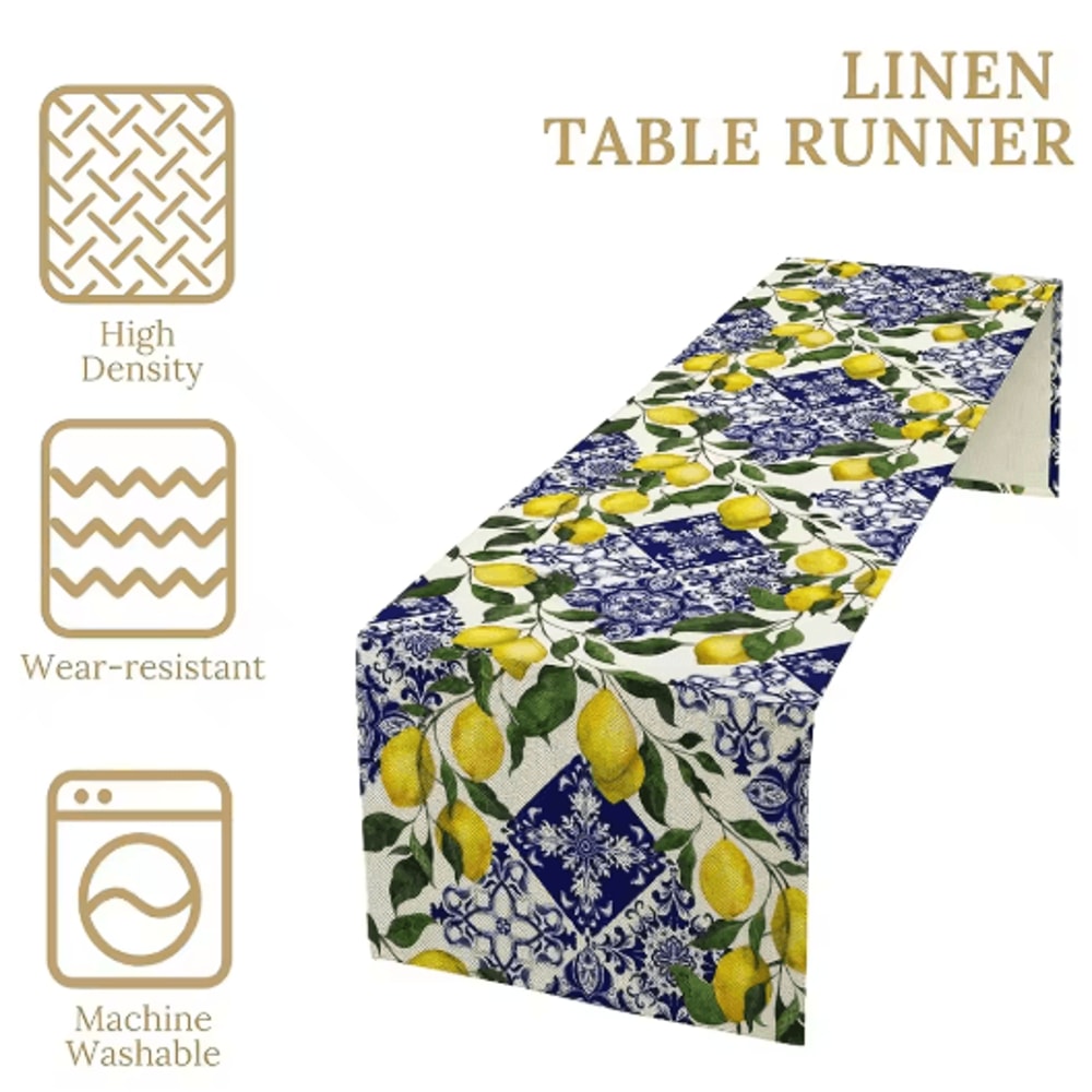 Blue Tile Lemon Table Runner Floral Linen Decor For Summer Dining Parties 4