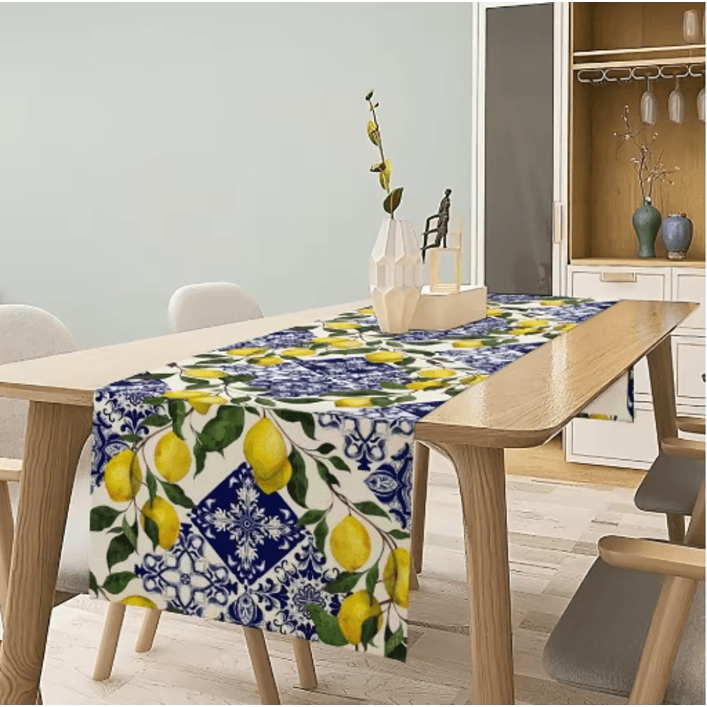 Blue Tile Lemon Table Runner Floral Linen Decor For Summer Dining Parties 5