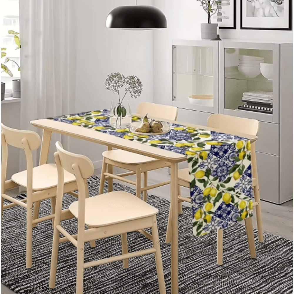 Blue Tile Lemon Table Runner Floral Linen Decor For Summer Dining Parties 6