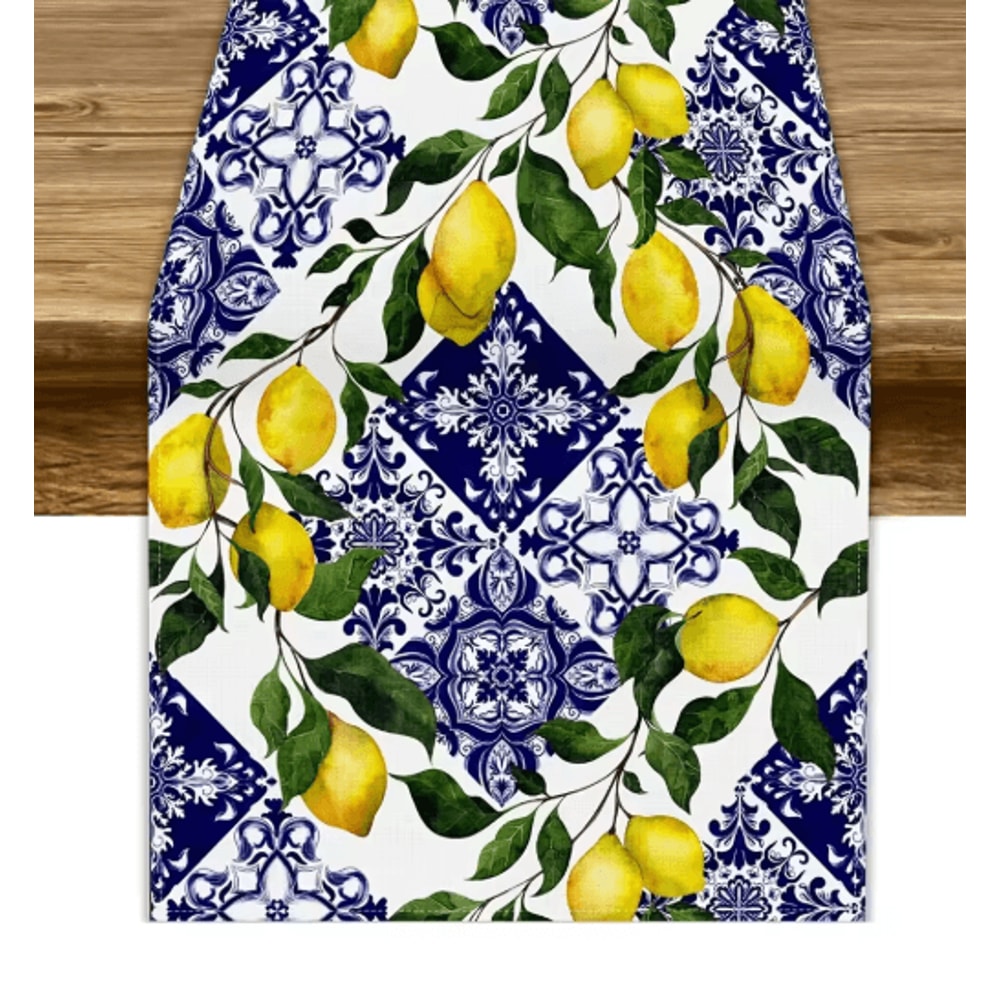Blue Tile Lemon Table Runner Floral Linen Decor For Summer Dining Parties 0