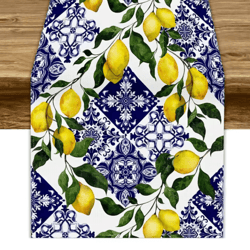 blue tile lemon table runner floral linen decor for summer dining & parties