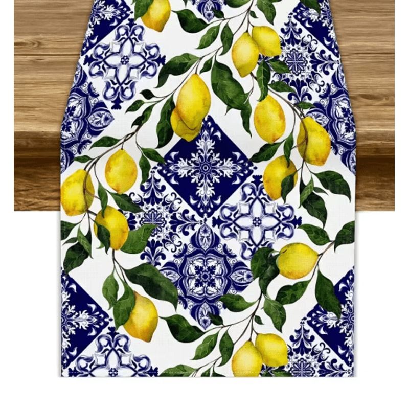 Blue Tile Lemon Table Runner Floral Linen Decor For Summer Dining Parties 0