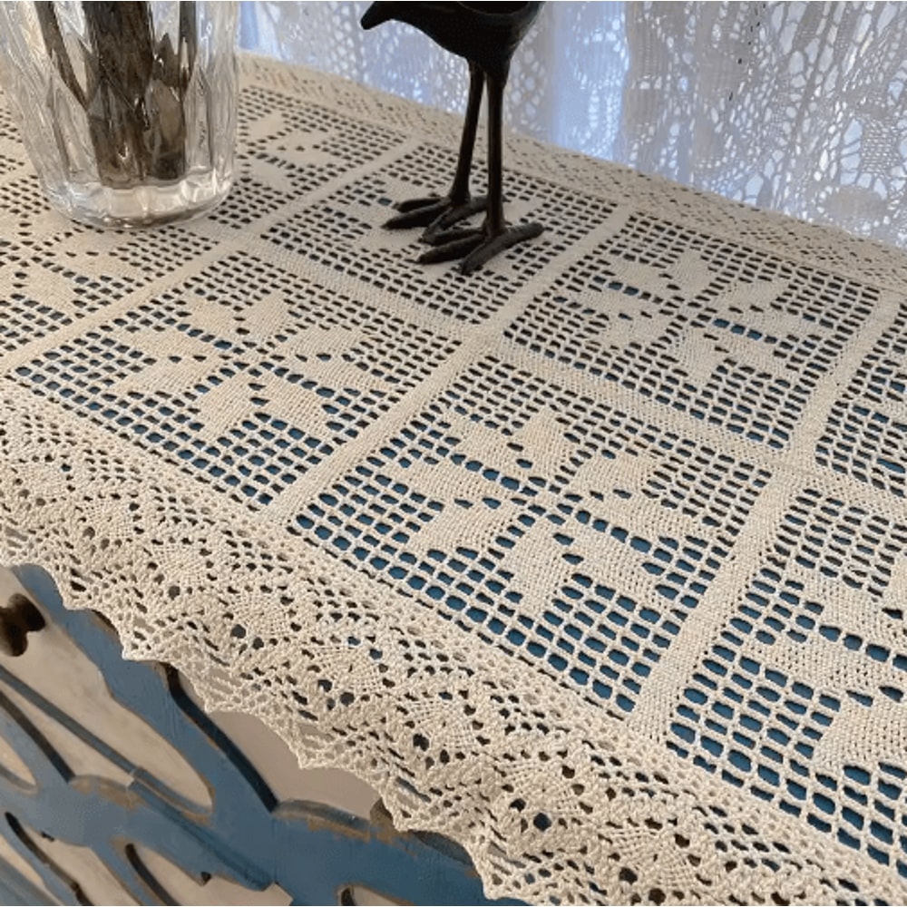 HeritageLoom Crochet Table Runner Linen Blend Lace Edge Table Decor 2