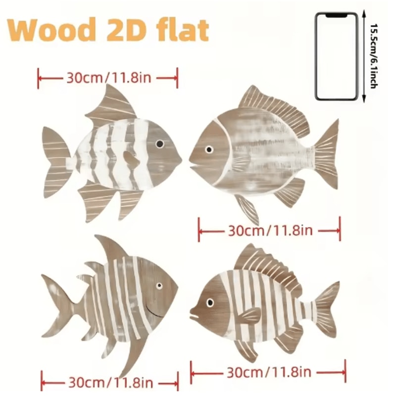 OceanCharm Tropical Fish Wooden Wall Art Set Rustic Nautical Coastal Decor 6