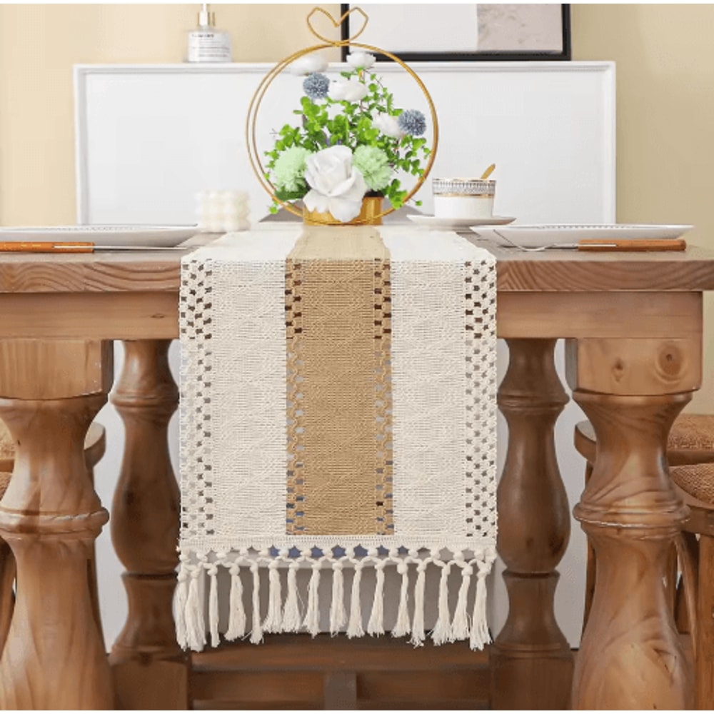 TerraWeave Boho Table Runner Rustic Linen Macrame Decor With Tassels 3