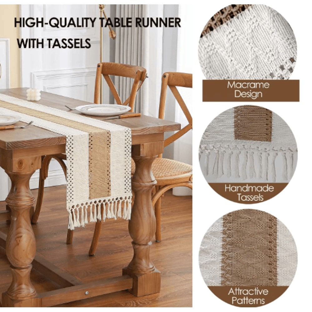 TerraWeave Boho Table Runner Rustic Linen Macrame Decor With Tassels 5