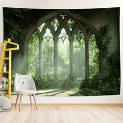 etherealview gothic window tapestry – lush green landscape wall hanging decor