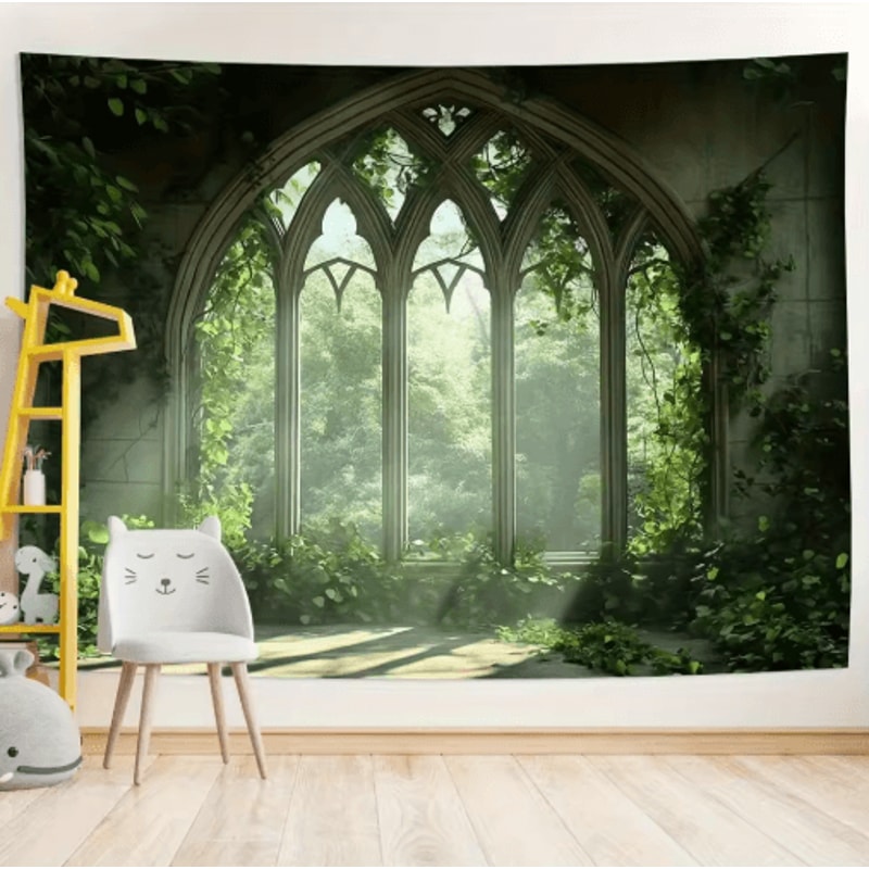 EtherealView Gothic Window Tapestry Lush Green Landscape Wall Hanging Decor 0