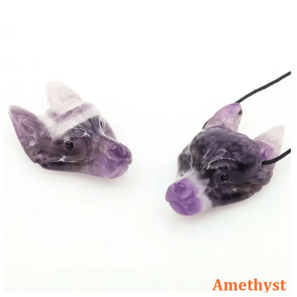 SpiritWolf Crystal Wolf Head Pendant HandCarved Gemstone Necklace Charm 26