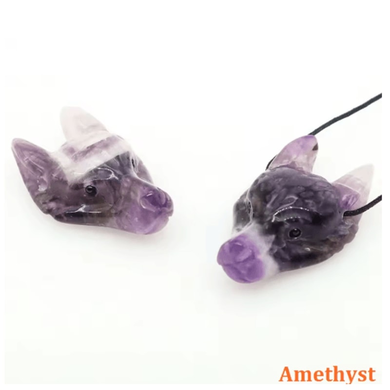 SpiritWolf Crystal Wolf Head Pendant HandCarved Gemstone Necklace Charm 26