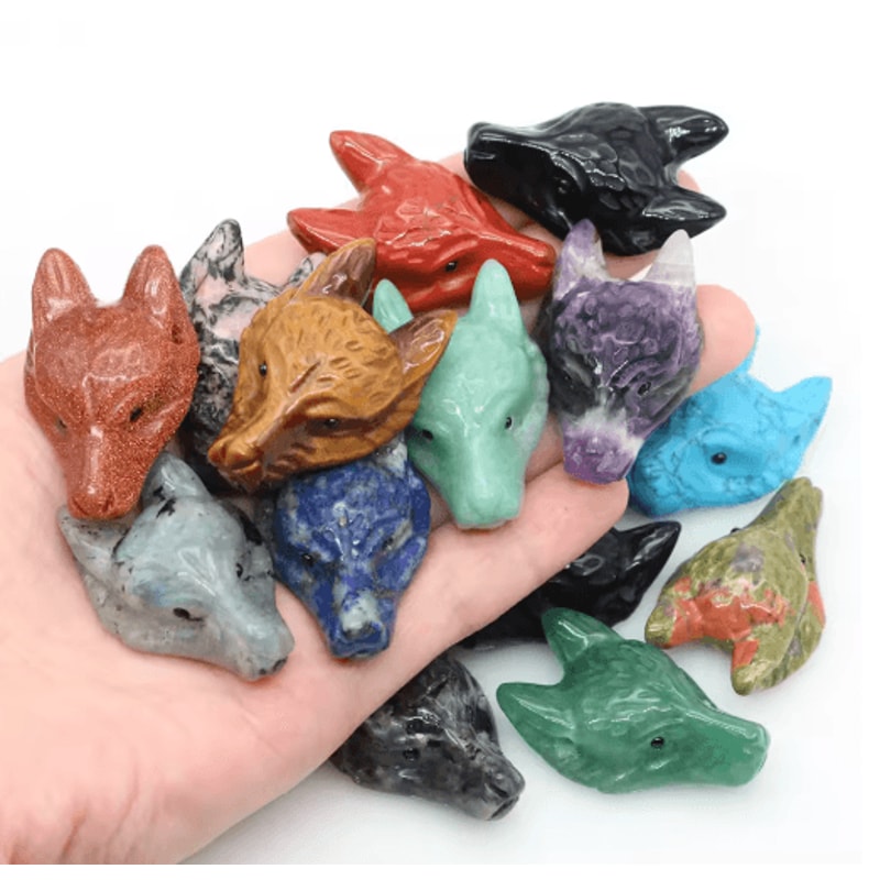 SpiritWolf Crystal Wolf Head Pendant HandCarved Gemstone Necklace Charm 27