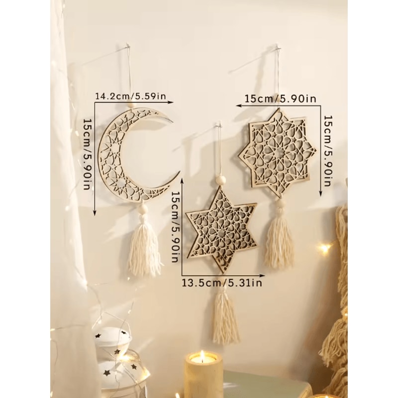 NoorCharm Wooden Ramadan Hanging Ornaments Elegant Eid Mubarak Decor With Tassels 2
