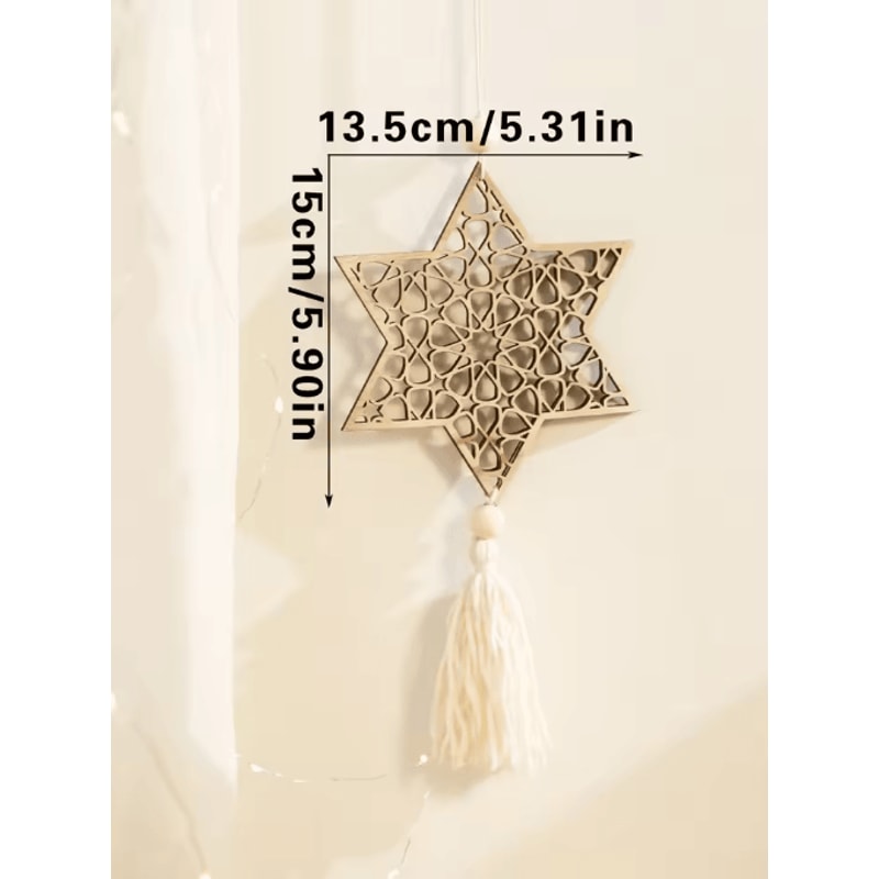 NoorCharm Wooden Ramadan Hanging Ornaments Elegant Eid Mubarak Decor With Tassels 3