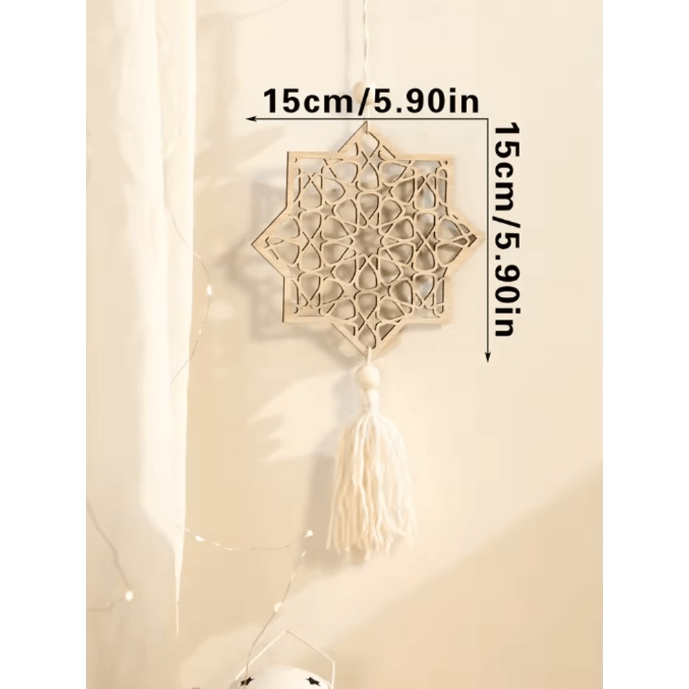 NoorCharm Wooden Ramadan Hanging Ornaments Elegant Eid Mubarak Decor With Tassels 4