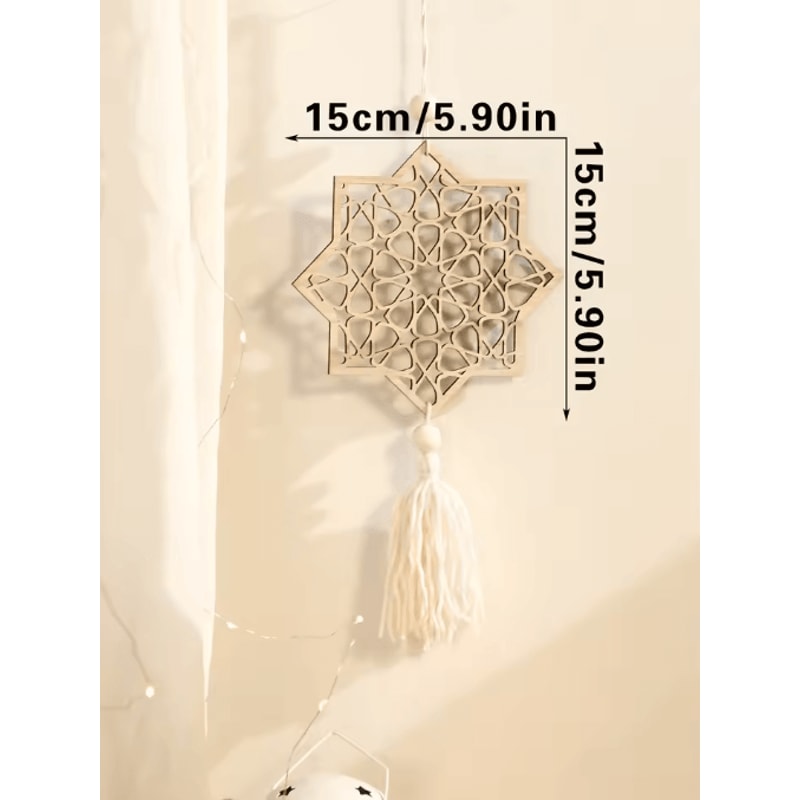 NoorCharm Wooden Ramadan Hanging Ornaments Elegant Eid Mubarak Decor With Tassels 4