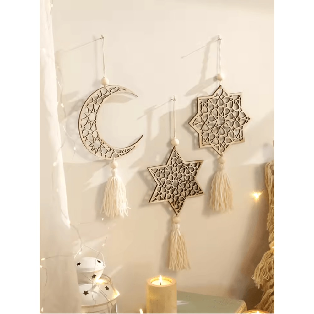 NoorCharm Wooden Ramadan Hanging Ornaments Elegant Eid Mubarak Decor With Tassels 8