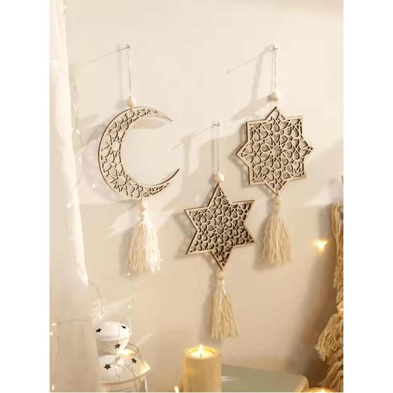 NoorCharm Wooden Ramadan Hanging Ornaments Elegant Eid Mubarak Decor With Tassels 8